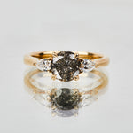 18ct yellow gold salt and pepper brilliant round cut diamond engagement trilogy ring