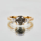 18ct yellow gold salt and pepper brilliant round cut diamond engagement trilogy ring
