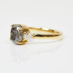 18ct yellow gold salt and pepper oval diamond engagement trilogy ring