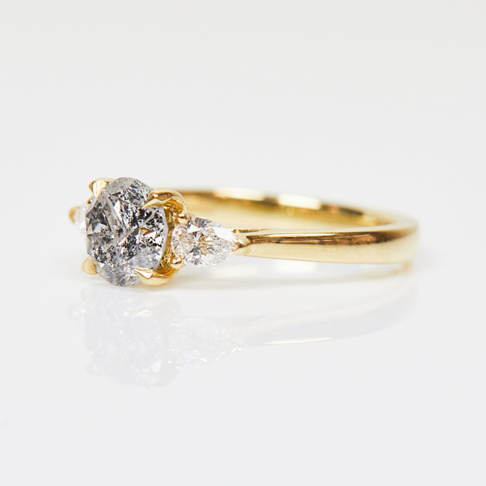 18ct yellow gold salt and pepper round brilliant cut diamond engagement trilogy ring