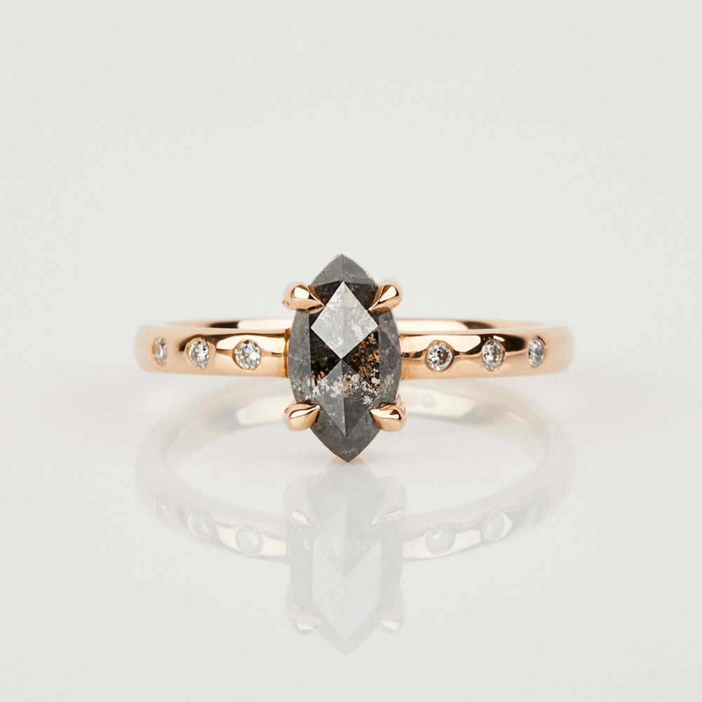 18ct rose gold salt and pepper marquise diamond engagement solitaire ring