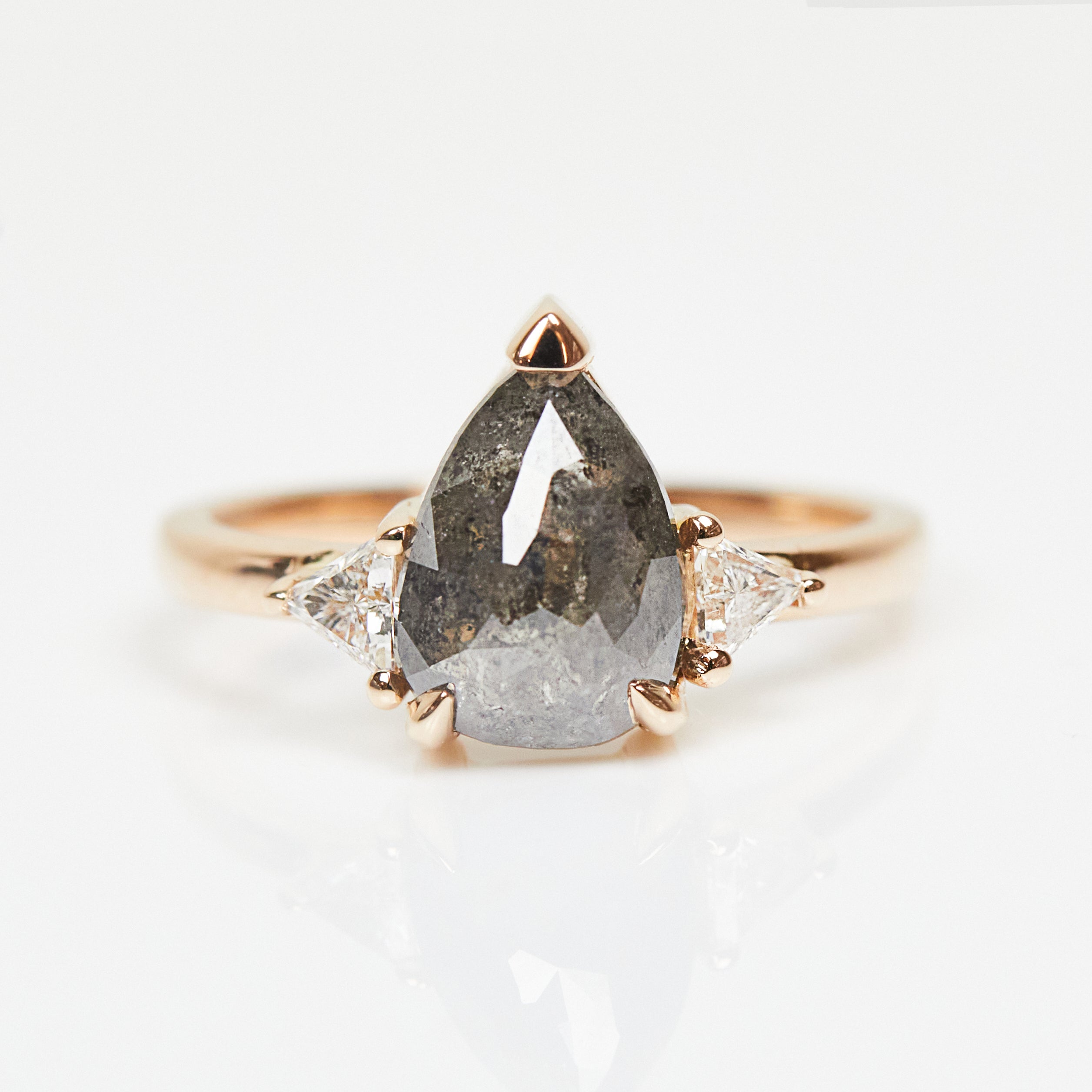 18ct rose gold salt and pepper pear diamond engagement trilogy ring