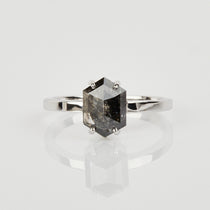 18ct white gold salt and pepper hexagon diamond engagement solitaire ring