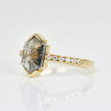 18ct yellow gold salt and pepper hexagon diamond engagement pavé ring