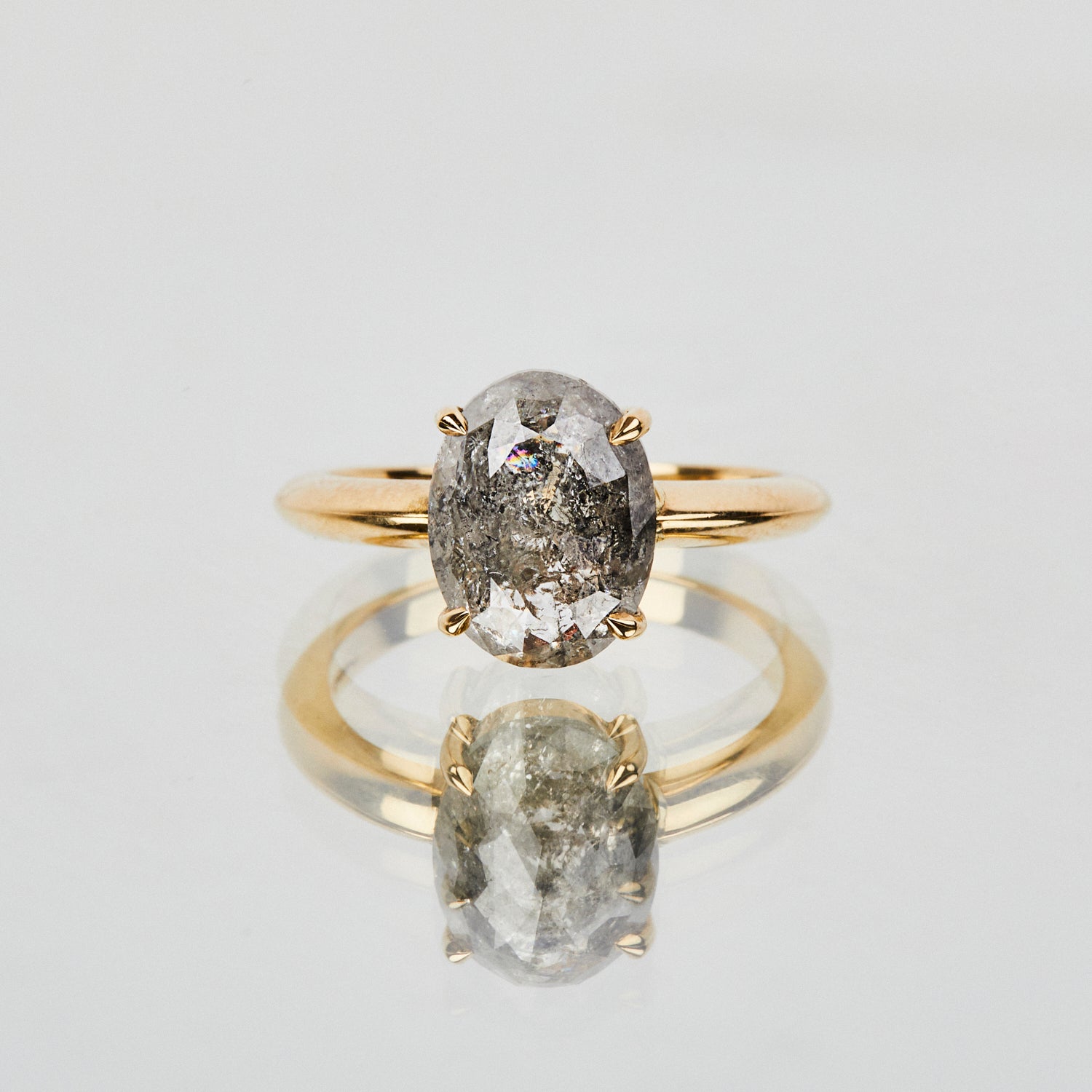 18ct yellow gold salt and pepper oval diamond engagement solitaire ring