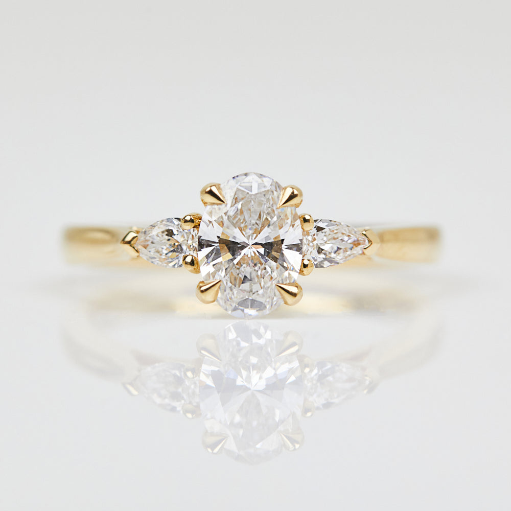 18ct yellow gold oval trilogy lab grown diamond ring UK