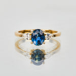 18ct yellow gold oval trilogy ​teal sapphire rings