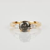 18ct yellow gold salt and pepper brilliant round cut diamond engagement trilogy ring