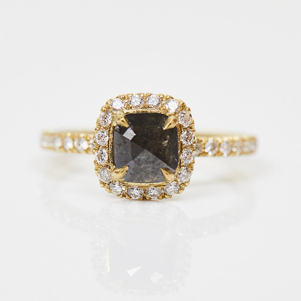 18ct yellow gold salt and pepper cushion cut diamond engagement halo ring