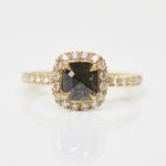 18ct yellow gold salt and pepper cushion cut diamond engagement halo ring