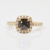 18ct yellow gold salt and pepper cushion cut diamond engagement halo ring