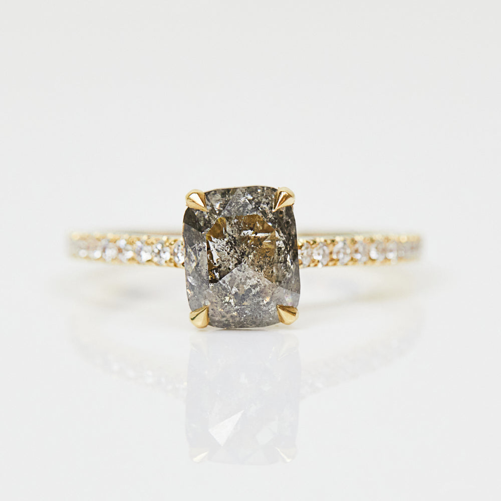 18ct yellow gold salt and pepper cushion cut diamond engagement pavé ring