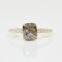 18ct yellow gold salt and pepper cushion cut diamond engagement pavé ring