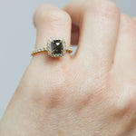 18ct yellow gold salt and pepper cushion cut diamond engagement halo ring