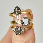 18ct yellow gold salt and pepper oval diamond engagement trilogy ring