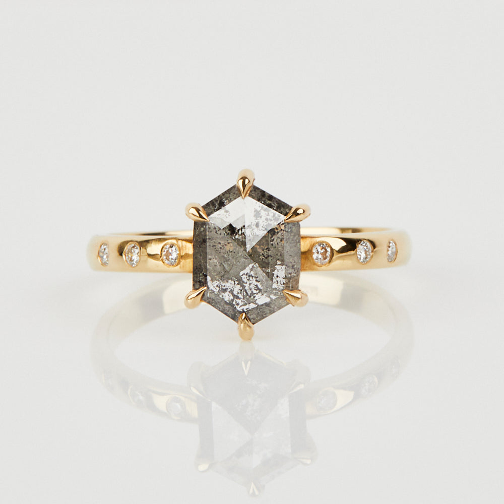 18ct yellow gold salt and pepper hexagon diamond engagement solitaire ring