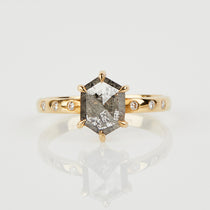 18ct yellow gold salt and pepper hexagon diamond engagement solitaire ring