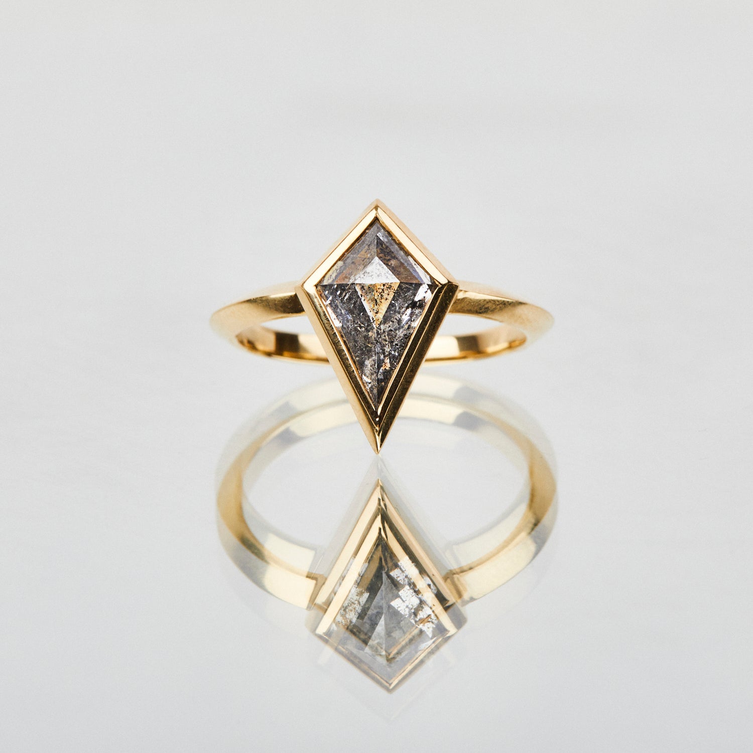 18ct yellow gold salt and pepper kite diamond engagement bezel ring