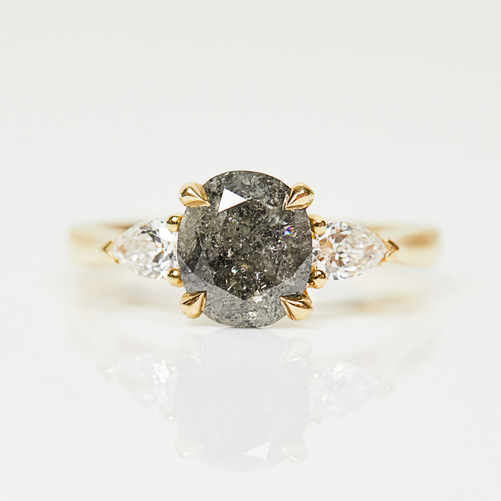 18ct yellow gold salt and pepper oval diamond engagement trilogy ring