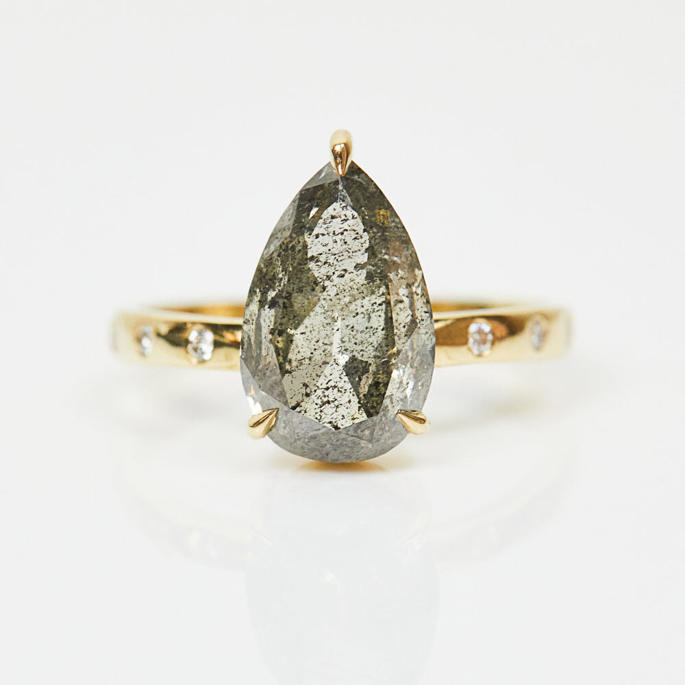 18ct yellow gold salt and pepper pear diamond engagement solitaire ring