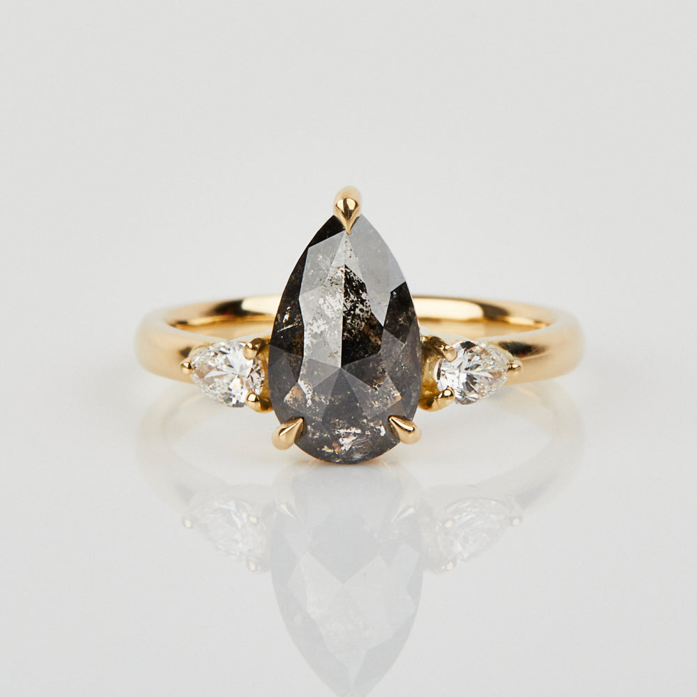 18ct yellow gold salt and pepper pear diamond engagement trilogy ring