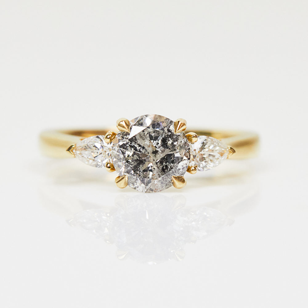 18ct yellow gold salt and pepper round brilliant cut diamond engagement trilogy ring