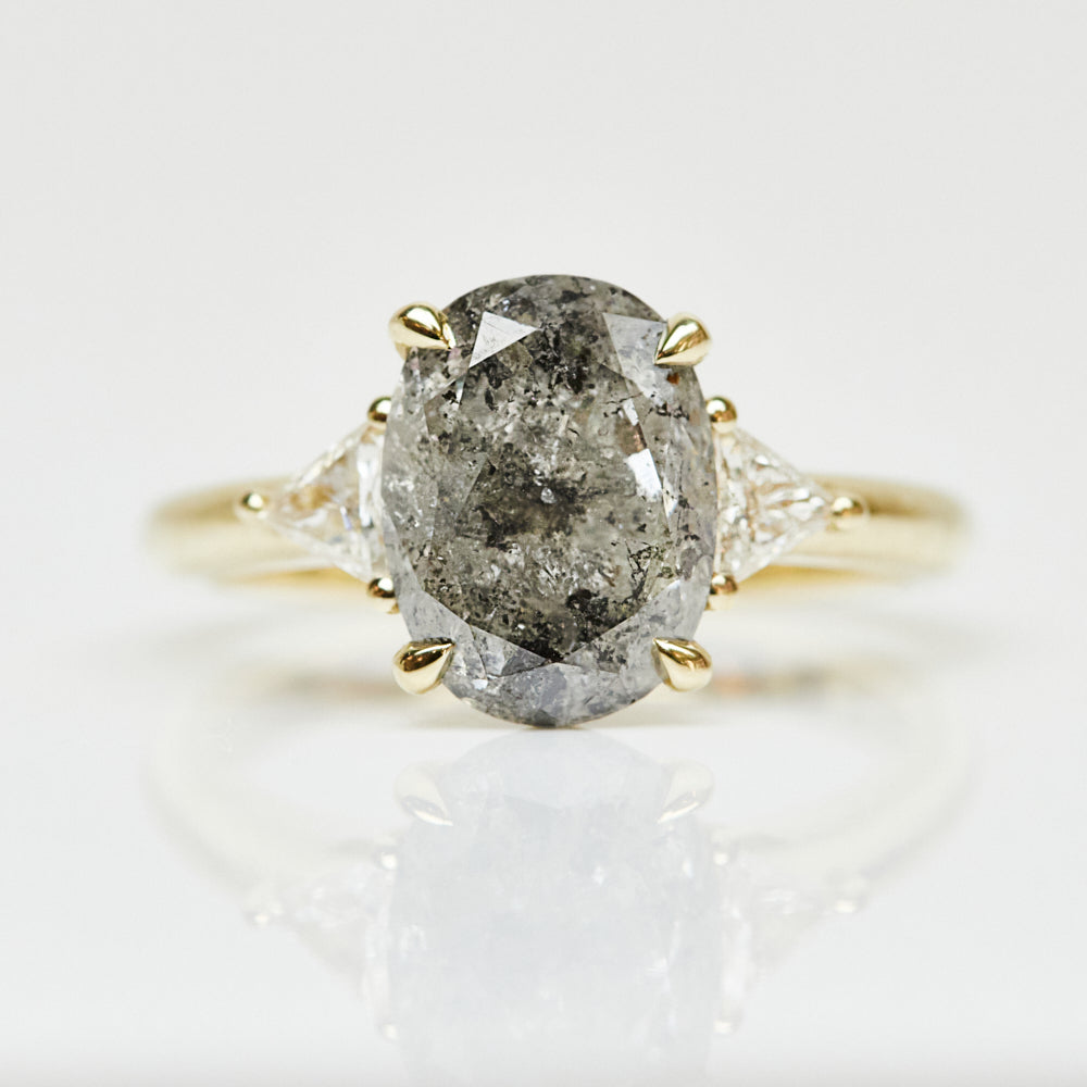 9ct yellow gold salt and pepper oval diamond engagement trilogy ring