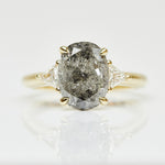 9ct yellow gold salt and pepper oval diamond engagement trilogy ring