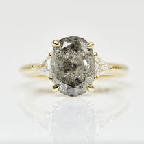 9ct yellow gold salt and pepper oval diamond engagement trilogy ring