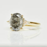 9ct yellow gold salt and pepper oval diamond engagement trilogy ring