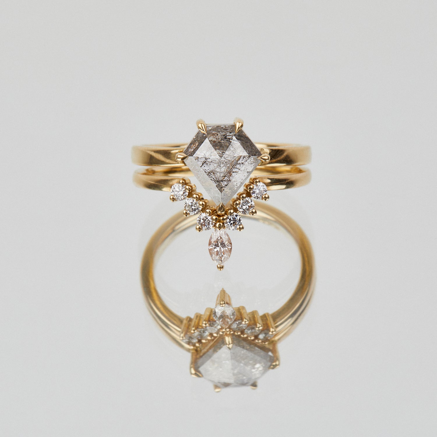 18ct yellow gold salt and pepper shield diamond engagement solitaire ring