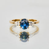 18ct yellow gold oval trilogy ​teal sapphire rings