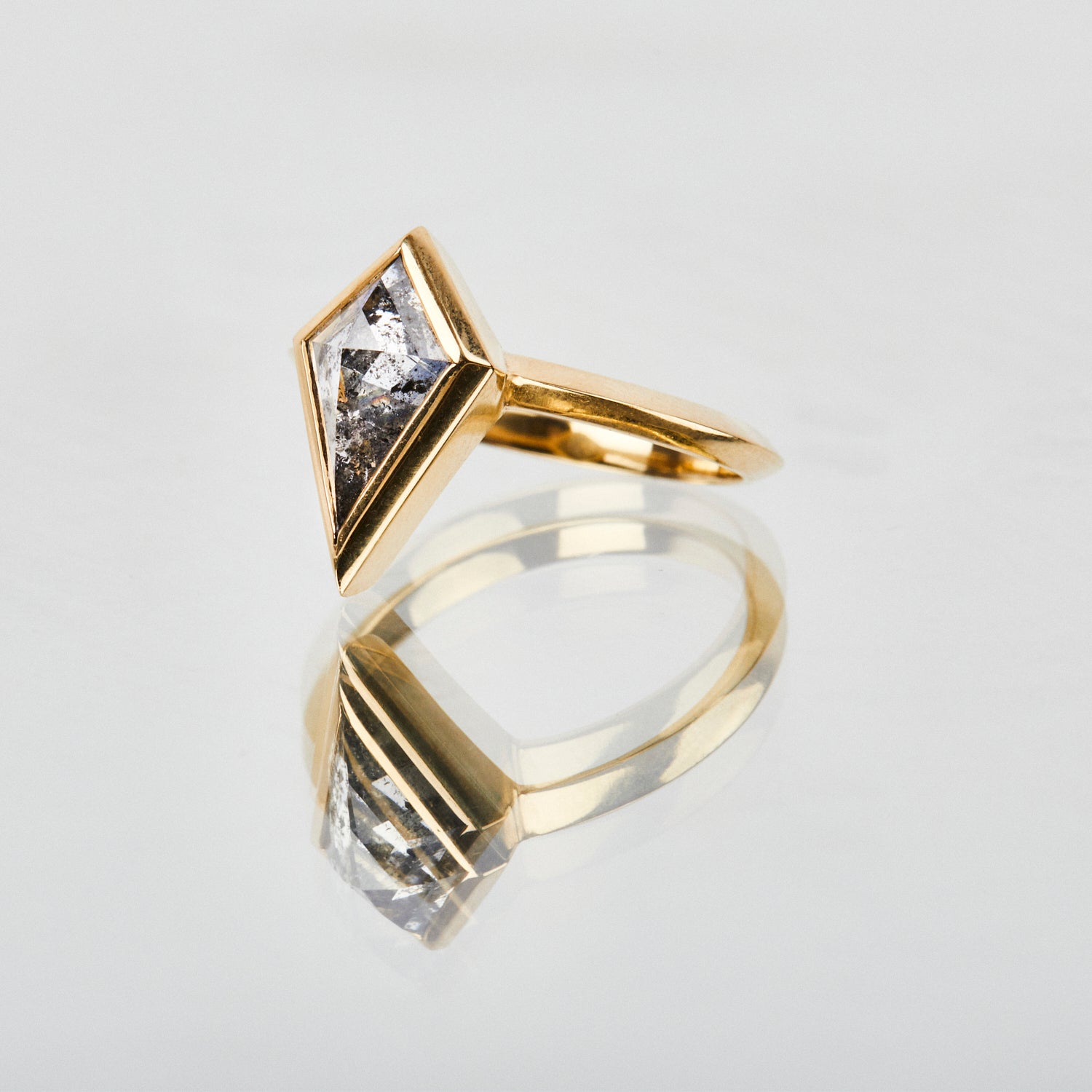 18ct yellow gold salt and pepper kite diamond engagement bezel ring