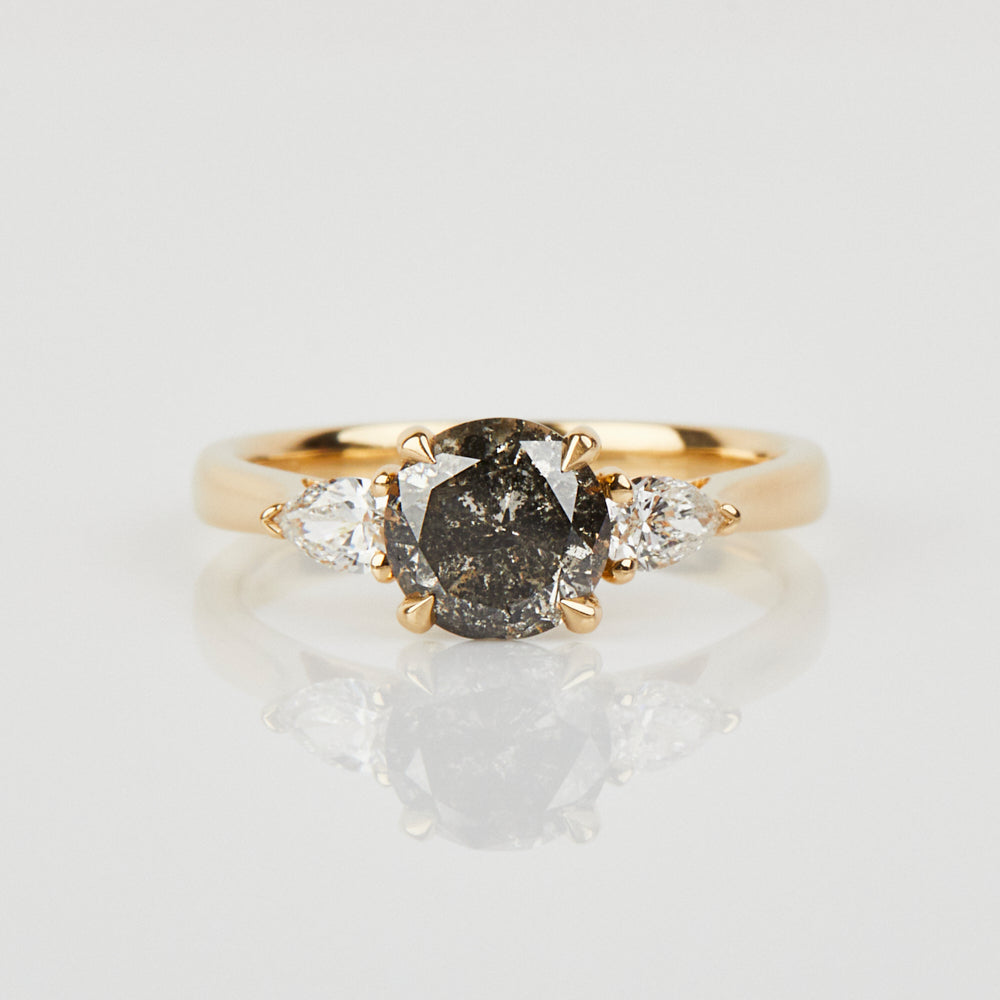 18ct yellow gold salt and pepper brilliant round cut diamond engagement trilogy ring