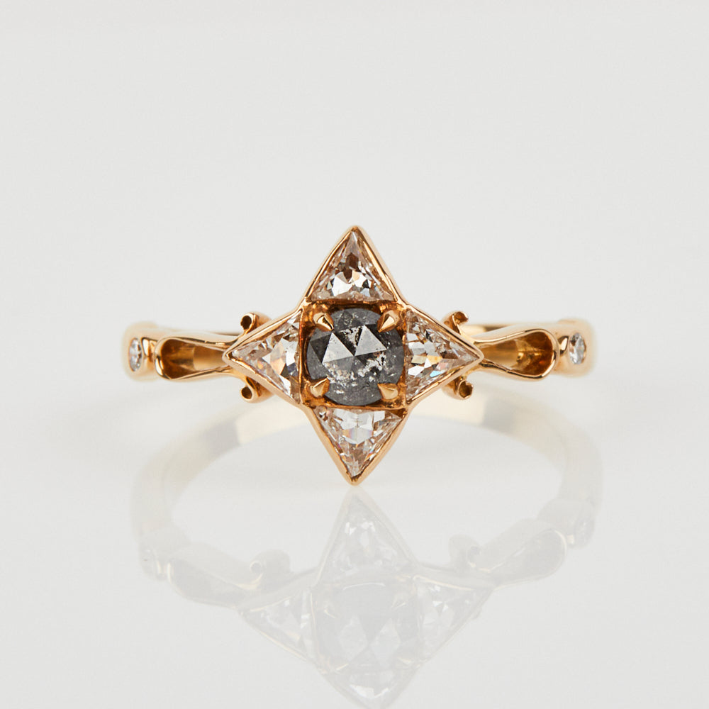 18ct rose gold salt and pepper round rose cut diamond engagement one-of-a-kind ring