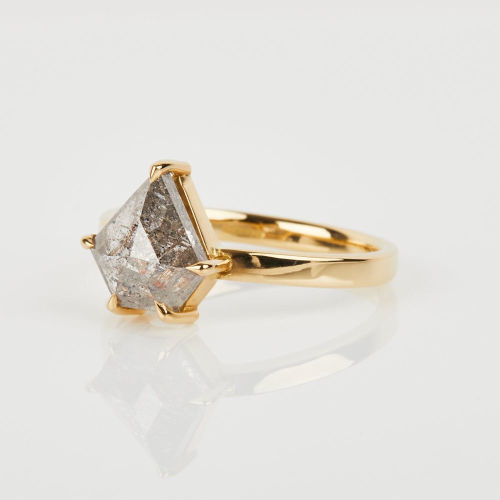 18ct yellow gold salt and pepper shield diamond engagement solitaire ring