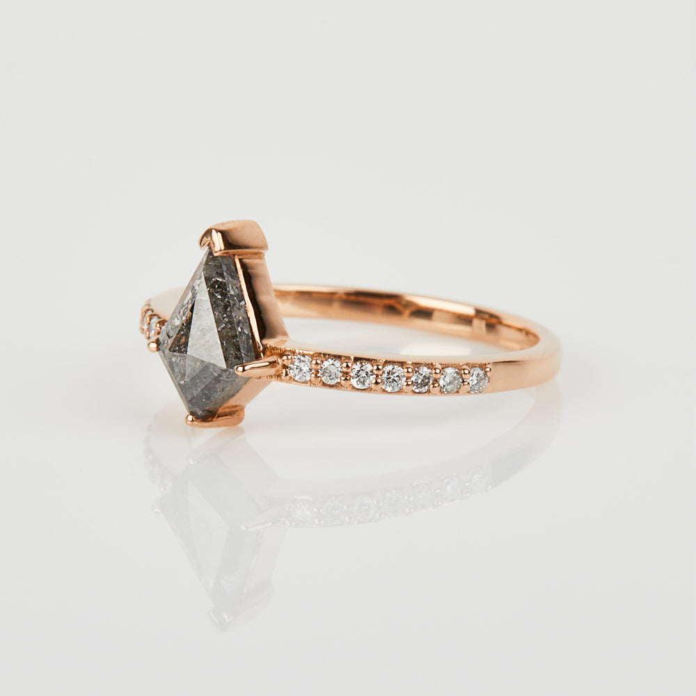 18ct rose gold salt and pepper kite diamond engagement pavé ring