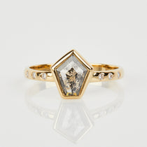 18ct yellow gold salt and pepper kite diamond engagement bezel ring