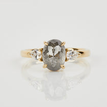 18ct yellow gold salt and pepper oval diamond engagement trilogy ring
