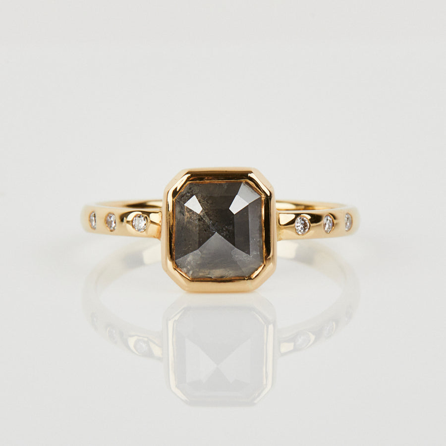 0.86ct Emerald Cut Salt and Pepper Diamond Engagement Ring, Maia Setting