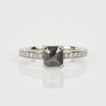 Platinum salt and pepper princess rose cut diamond engagement pavé ring