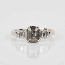 Platinum salt and pepper emerald cut diamond engagement one-of-a-kind ring
