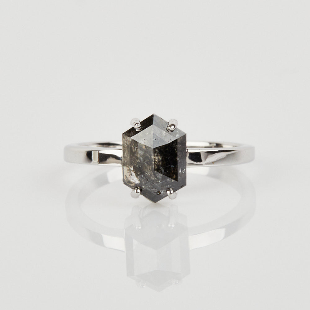 18ct white gold salt and pepper hexagon diamond engagement solitaire ring