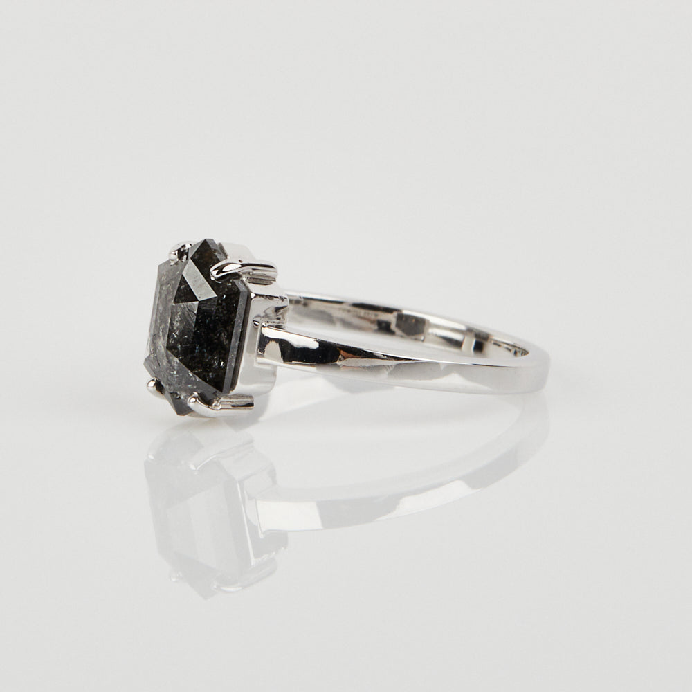 18ct white gold salt and pepper hexagon diamond engagement solitaire ring