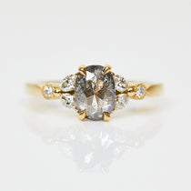 18ct yellow gold salt and pepper oval diamond engagement one-of-a-kind ring