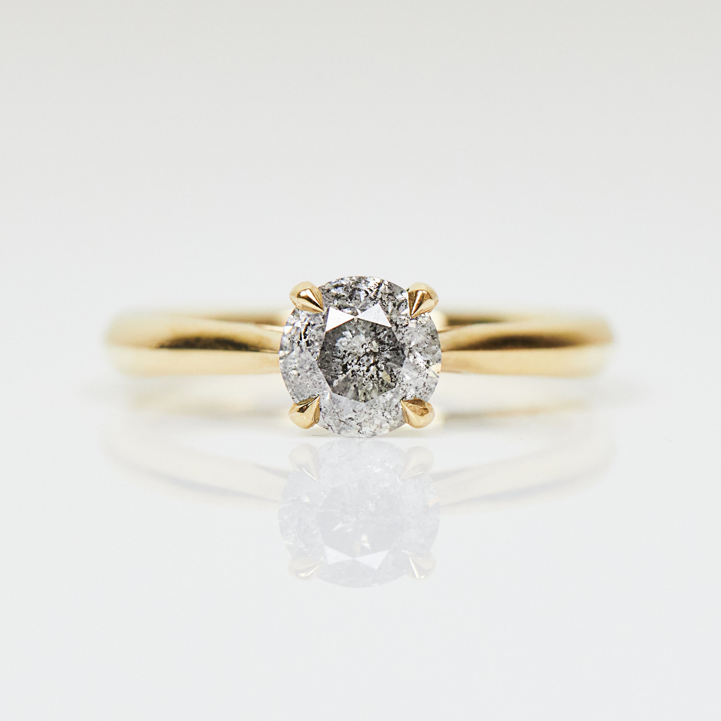 18ct yellow gold salt and pepper round brilliant cut diamond engagement solitaire ring