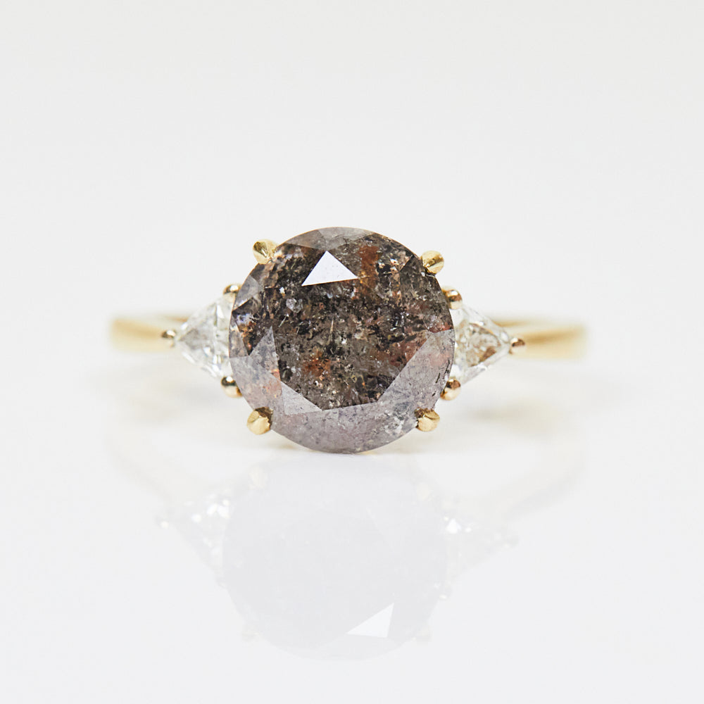 18ct yellow gold salt and pepper round brilliant cut diamond engagement trilogy ring