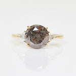 18ct yellow gold salt and pepper round brilliant cut diamond engagement trilogy ring