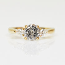 18ct yellow gold salt and pepper round brilliant cut diamond engagement trilogy ring