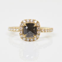 18ct yellow gold salt and pepper cushion cut diamond engagement halo ring